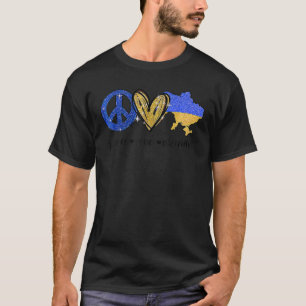 平和、愛、ウクライナ国旗Uと共に立つ Tシャツ