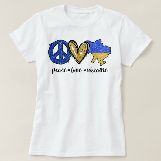 平和、愛、ウクライナ国旗Uと共に立つ Tシャツ (デザイン正面)