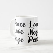 平和、愛、ノペブラックおもしろい文字 コーヒーマグカップ (正面左)