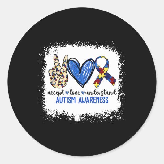平和 愛 リボン 自閉症 Awareness 受け入れる 愛 理解する ラウンドシール (正面)