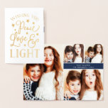 平和、愛、光 | Hanukkahフォトコラージュ金ゴールド 箔カード<br><div class="desc">フェスティバルタイポグラフィベースのHanukkahカードは、手札のスタイル金ゴールドフォイルのフロントに「平和、愛と光」を備えている。コラージュお気に入りの形式で4枚の家族の写真を内側に追加し、メッセージと署名でカスタムパーソナライズする。</div>