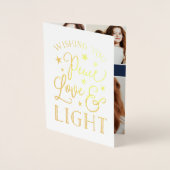 平和、愛、光 | Hanukkahフォトコラージュ金ゴールド 箔カード (正面)