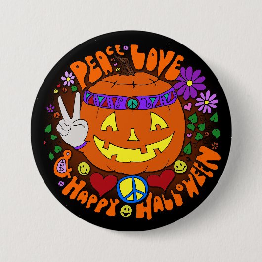 平和、愛、及びハッピーハローウィン! デザイナーボタン 缶バッジ (正面)
