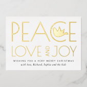 平和、愛、喜びと鳩のクリスマスゴールド 箔シーズンカード (正面)