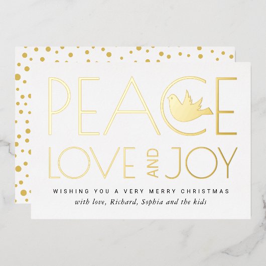 平和、愛、喜びと鳩のクリスマスゴールド 箔シーズンカード (正面/裏面)
