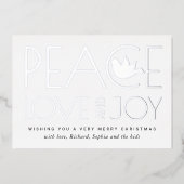 平和、愛、喜びと鳩のクリスマスシルバー 箔シーズンカード (正面)