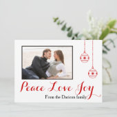 平和、愛、喜びクリスマスモダンのグローポン写真 シーズンカード (スタンド正面)