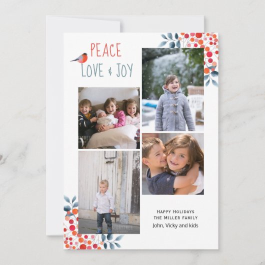 平和、愛、喜びクリスマス4枚の写真コラージュカード 招待状 (正面)