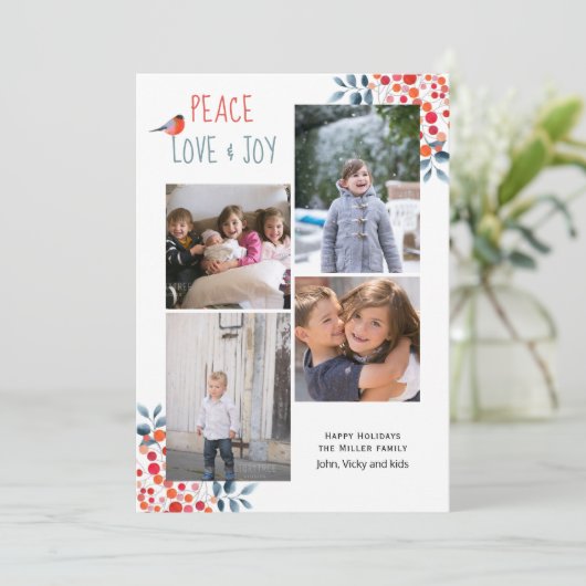 平和、愛、喜びクリスマス4枚の写真コラージュカード 招待状 (スタンド正面)