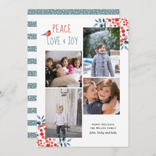 平和、愛、喜びクリスマス4枚の写真コラージュカード 招待状 (正面/裏面)