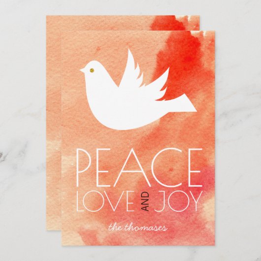 平和、愛、喜びサンゴの水色と鳩クリスマス シーズンカード (正面/裏面)