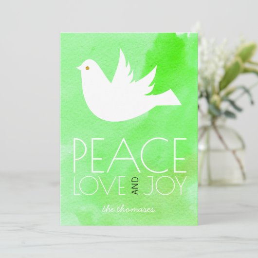 平和、愛、喜び緑の水色と鳩クリスマス シーズンカード (スタンド正面)