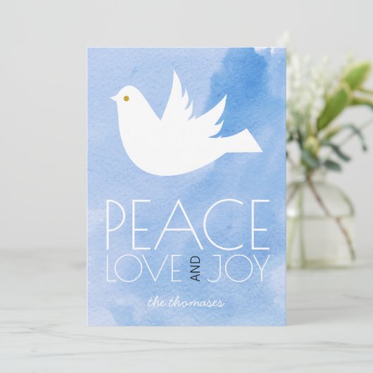 平和、愛、喜び青い水の色と鳩クリスマス シーズンカード (スタンド正面)