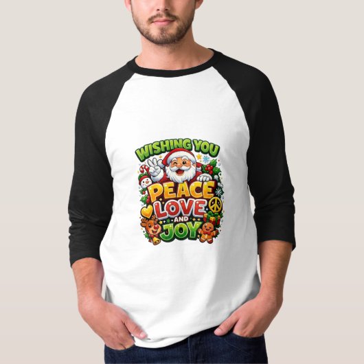平和 愛 喜び サンタ クリスマス グラフィック Tシャツ (正面)