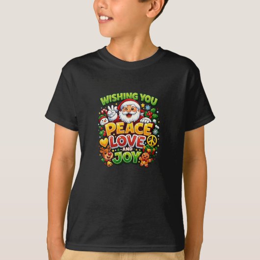 平和 愛 喜び サンタ クリスマス グラフィック Tシャツ (正面)