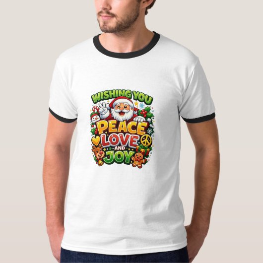 平和 愛 喜び サンタ クリスマス グラフィック Tシャツ (正面)