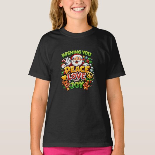 平和 愛 喜び サンタ クリスマス グラフィック Tシャツ (正面)
