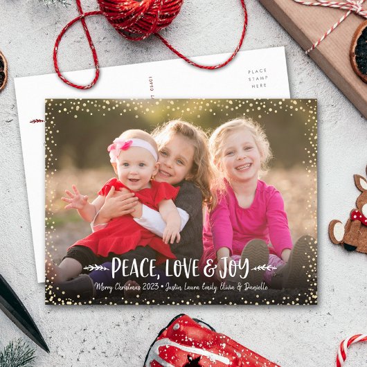 平和 愛 喜び モダン シック タイポグラフィ カスタム フォト シーズンポストカード