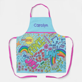 平和、愛、喜び。レトロ1960sスケッチ、お名前 エプロン