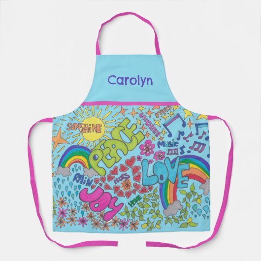 平和、愛、喜び。レトロ1960sスケッチ、お名前 エプロン (正面)