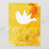 平和 愛 喜び 黄色 水彩画 & ハトのクリスマス シーズンカード (正面/裏面)