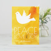 平和 愛 喜び 黄色 水彩画 & ハトのクリスマス シーズンカード (スタンド正面)