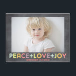 平和 愛 喜び 黒板 祭り 写真 シーズンポストカード<br><div class="desc">このシンプルでタイムレスな「ジョイ ピース アンド ラブ」をテーマにしたホリデーシーズンの写真カードで、季節をお祝いしましょう。パステルカラー（緑、黄色、オレンジ、ライトブルー、ピンク、ライラック、紫）のスタイリッシュなモダンなドットタイポグラフィーが、シンプルなチャコールブラックボードの背景（取り外し可能）に特徴的です。
あなたの友人や家族に、この季節に喜びを広げるための、美しくもリーズナブルなクリスマスとホリデーのグリーティングカードです。
他の色もご用意していますので、ぜひ当店をご覧ください。カスタムのリクエストも承ります（料金はかかりません）。写真提供：THOR: https://www.flickr.com/photos/geishaboy500/ および Creative Commons: https://creativecommons.org/licenses/by/2.0/</div>