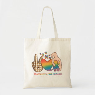平和、愛、無料のマムハグ – LGBTQ+プライドデザイン トートバッグ