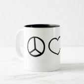 平和、愛、犬 ツートーンマグカップ (正面左)