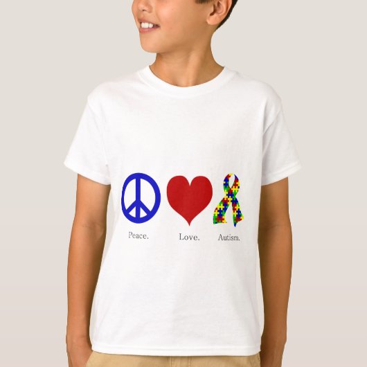 平和。愛.自閉症。（明るい色）キッズベーシック Tシャツ (正面)