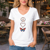 平和 愛 蝶々 カラフル グラフィック アート Vネック Tシャツ