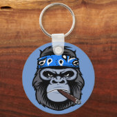 平均バイクもしくは自転車に乗る人ゴリラ喫煙葉巻動物アート キーホルダー (裏面)