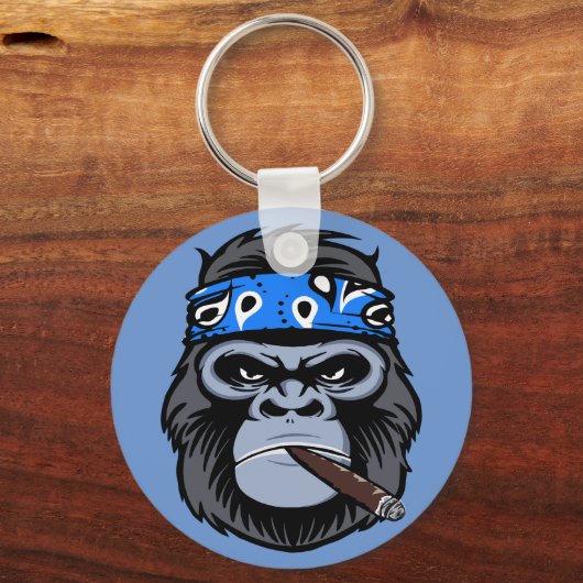平均バイクもしくは自転車に乗る人ゴリラ喫煙葉巻動物アート キーホルダー (裏面)