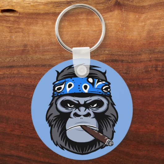 平均バイクもしくは自転車に乗る人ゴリラ喫煙葉巻動物アート キーホルダー (正面)