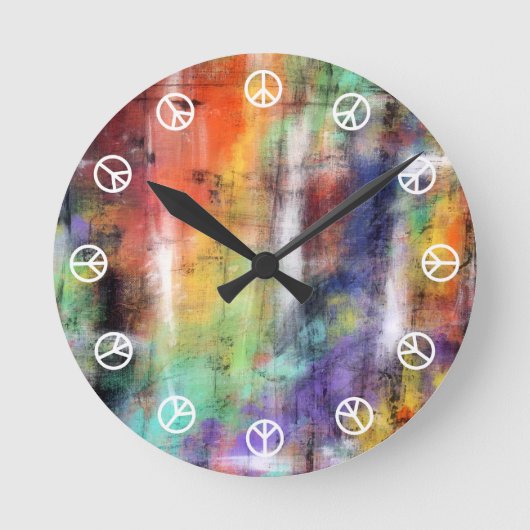 平時(グランジな多彩な落書きで白い) ラウンド壁時計 (正面)