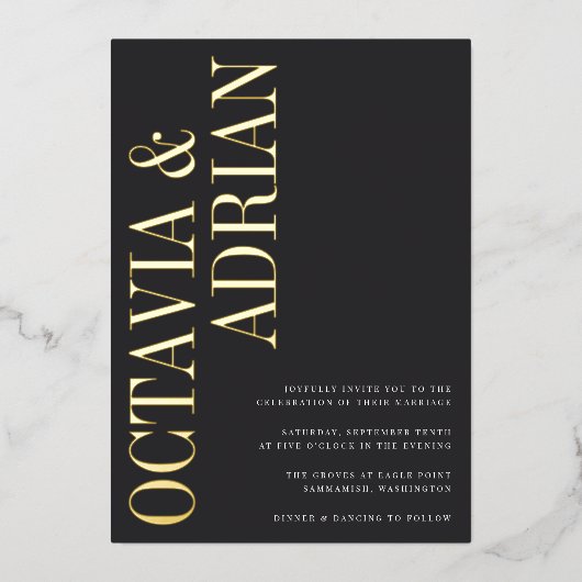 平行 |ブラックモダンおよび金ゴールドタイポグラフィ結婚ズ 箔招待状 (正面)
