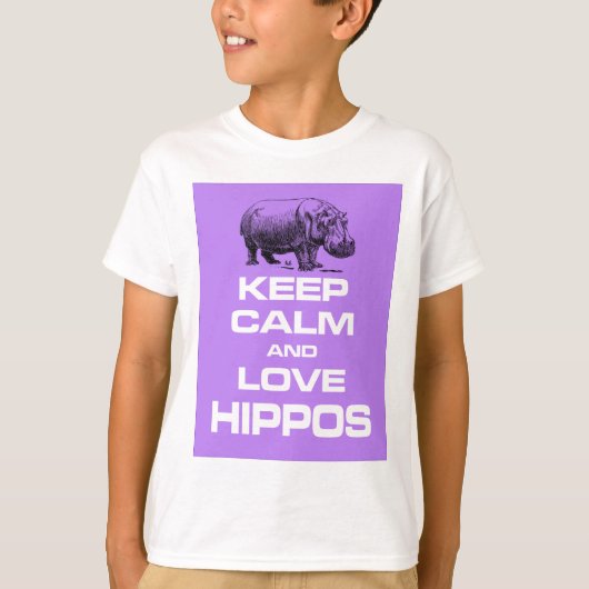 平静および愛カバのHippotamusのデザインの紫色を保って下さい Tシャツ (正面)