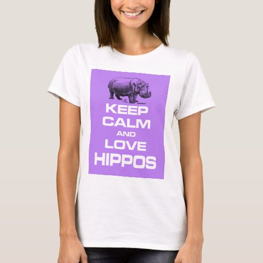 平静および愛カバのHippotamusのデザインの紫色を保って下さい Tシャツ (正面)