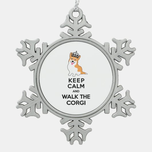 平静を保ち、コーギーかわいい犬歩かせて下さい スノーフレークピューターオーナメント (正面)