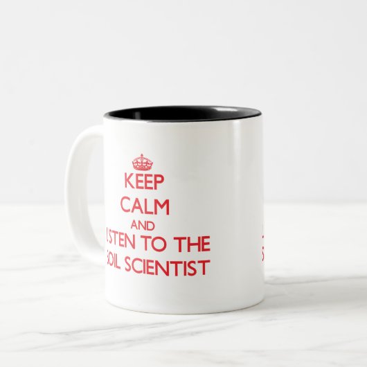 平静を保ち、土の科学者に聞いて下さい ツートーンマグカップ (正面左)