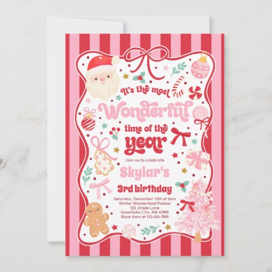 年のすばらしい時期 クリスマス リボン 誕生日 招待状 (正面)