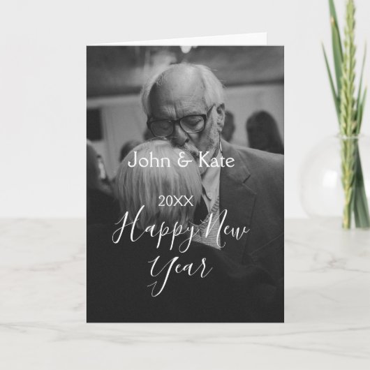 年のはじめのカップル写真　名前　年　白黒 カード (正面)