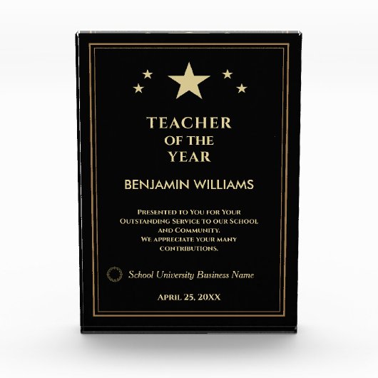 年の先生金ゴールドスターのロゴをパーソナライズ フォトブロック (正面)