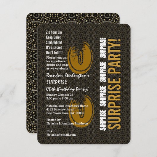 年の誕生日の黒および金ゴールドA07を驚かして下さい 招待状 (正面/裏面)