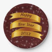 年の追加文字ハッピー新年20xx金ゴールドリボン9" ペーパープレート (正面)