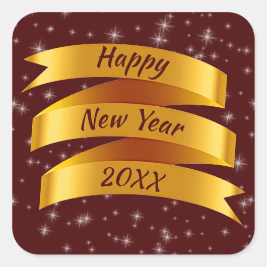 年の追加文字新年20xx金ゴールドリボン スクエアシール (正面)