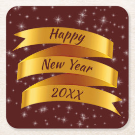 年の追加文字新年20xx金ゴールドリボン スクエアペーパーコースター