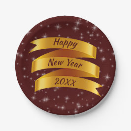 年の追加文字Happy New Year 20xx金ゴールドリボン7" ペーパープレート