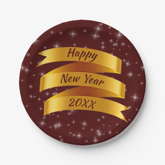 年の追加文字Happy New Year 20xx金ゴールドリボン7" ペーパープレート (正面)