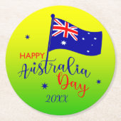 年の追加，ハッピーなオーストラリアの日のフラグ緑の金ゴールド ラウンドペーパーコースター (正面)